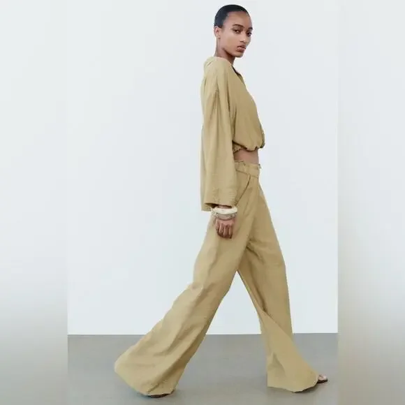 Zara WIDE LEG GATHERED WAIST PANT Size Large - Picture 3 of 9